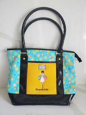 MAGGI B Summer Tote Bag Canvas & Faux Black Patent Pastel Multi-colour Polka Dot